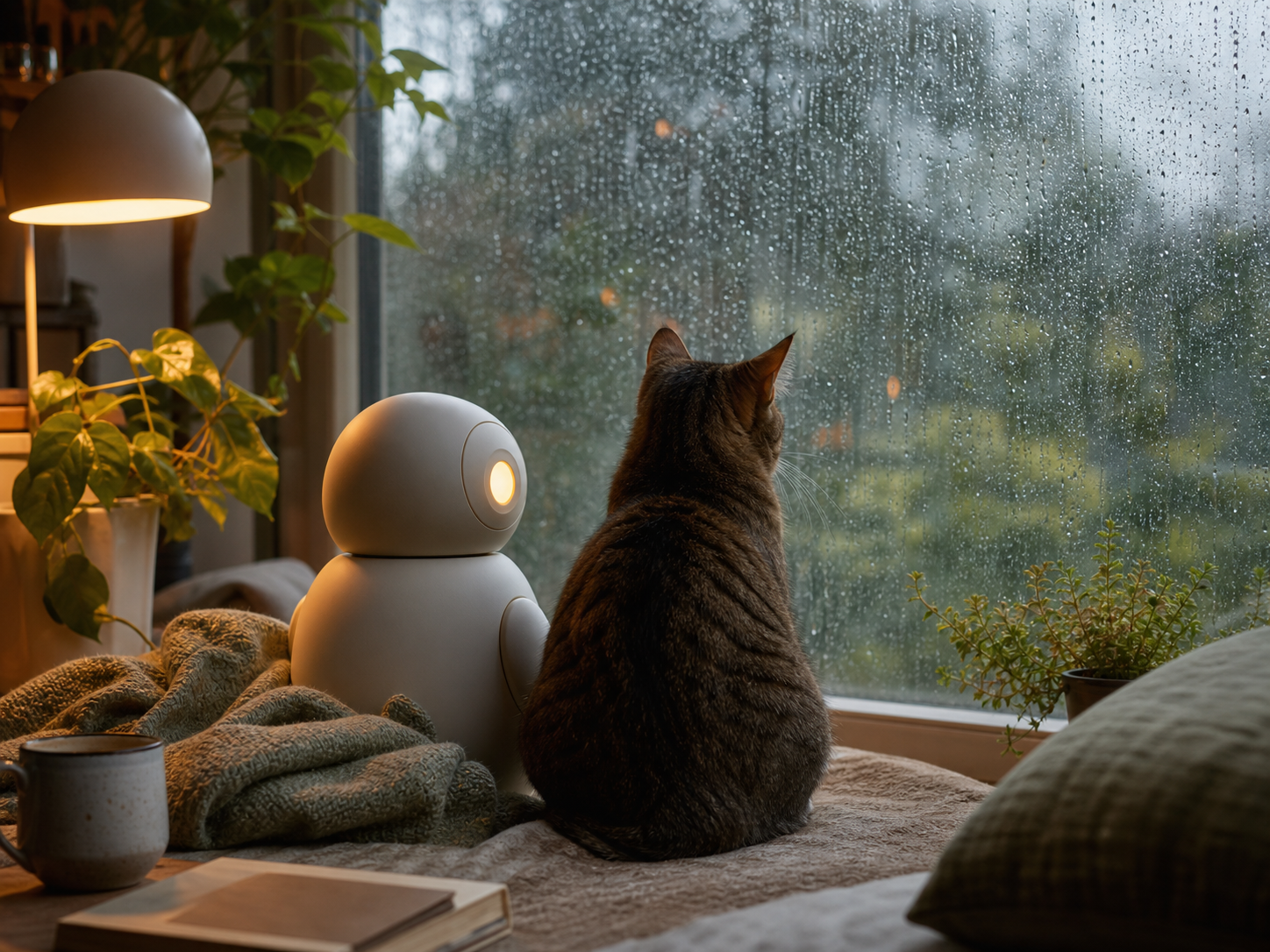 Lareo schaut mit der Katze bei Regen aus dem Fenster